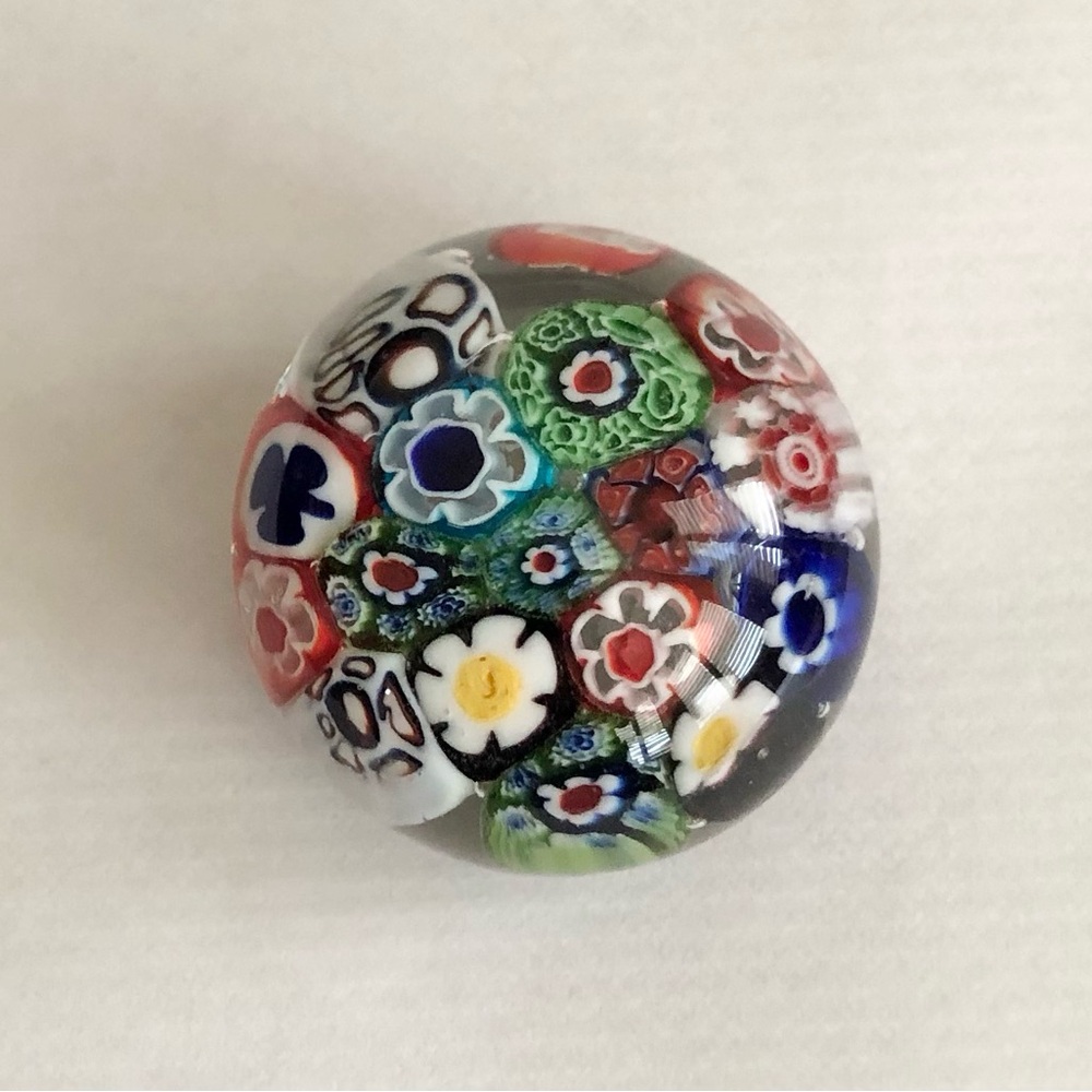 Glass Paperweight Millefiori 1.5in Multicolored Vintage Flower Art with pouch